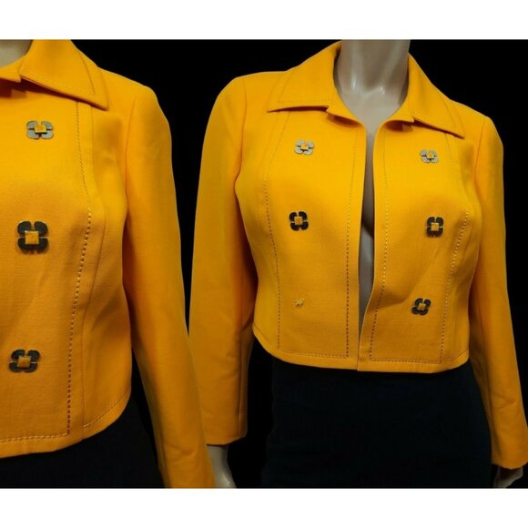 Vintage 60s Pierre Cardin Suit Jacket M Mod Daisy Buttons Yellow Wool Gabardine - Picture 3 of 12